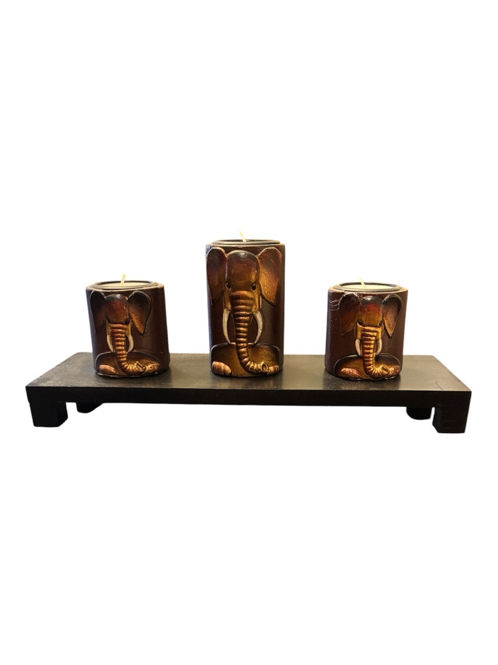 Elephant Tea Light Candleholders Set Of Three Copper Natural Tones Hand-Painted